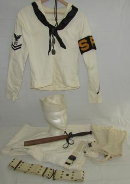 Named WW2 U.S. Navy Shore Patrol Uniform With Black Jack/Dog Tags/Web Belt Etc.