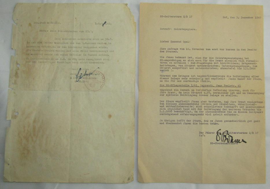 2pcs-Allgemeine/Waffen SS Signed Typewritten Letters-Totenkopf/Reitersturm 2^/17