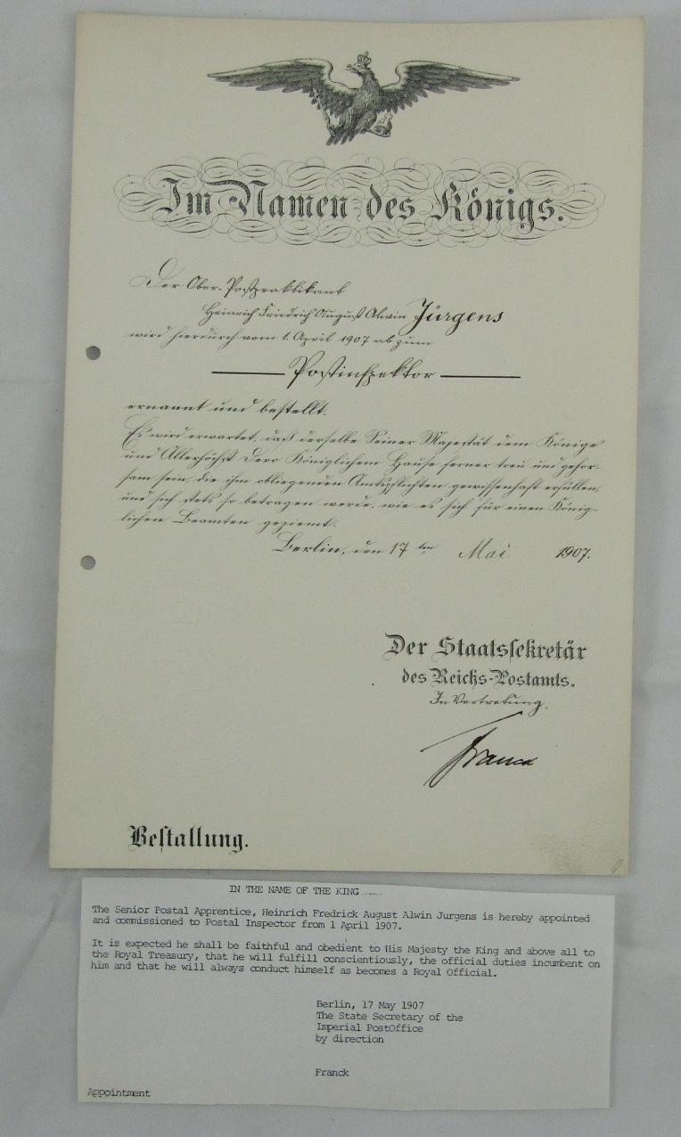 Pre WW1/WW1/Weimar Period German Postal Inspector Promotion Documents-Original Hindenburg Signature