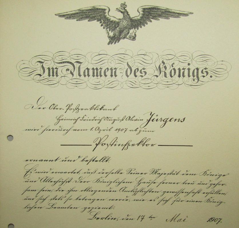 Pre WW1/WW1/Weimar Period German Postal Inspector Promotion Documents-Original Hindenburg Signature