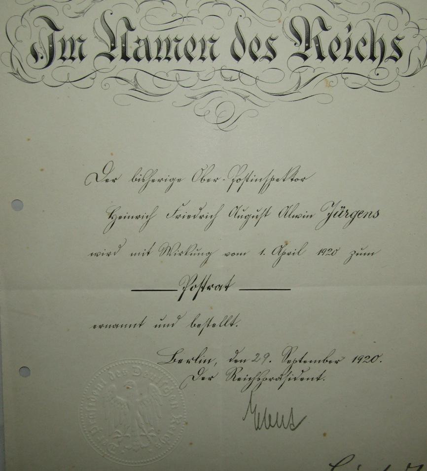 Pre WW1/WW1/Weimar Period German Postal Inspector Promotion Documents-Original Hindenburg Signature