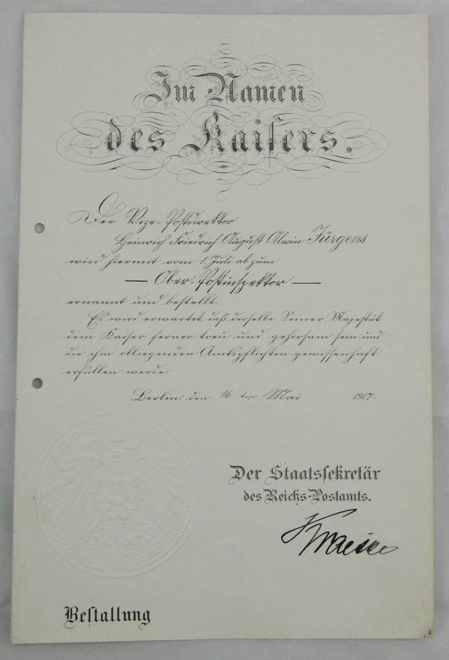 Pre WW1/WW1/Weimar Period German Postal Inspector Promotion Documents-Original Hindenburg Signature