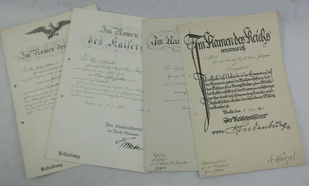 Pre WW1/WW1/Weimar Period German Postal Inspector Promotion Documents-Original Hindenburg Signature