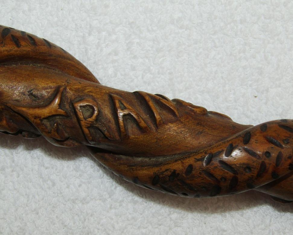 Unique WW1 Period Hand Carved Military Souvenir Wooden Walking Cane W/Snake Motif