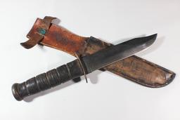 US WW2 USMC Marked Ka-Bar Fighting Knife With Leather Scabbard.  Blued Blade.
