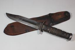 US WW2 USMC Marked Ka-Bar Fighting Knife With Leather Scabbard. Rough. Blade Marked.