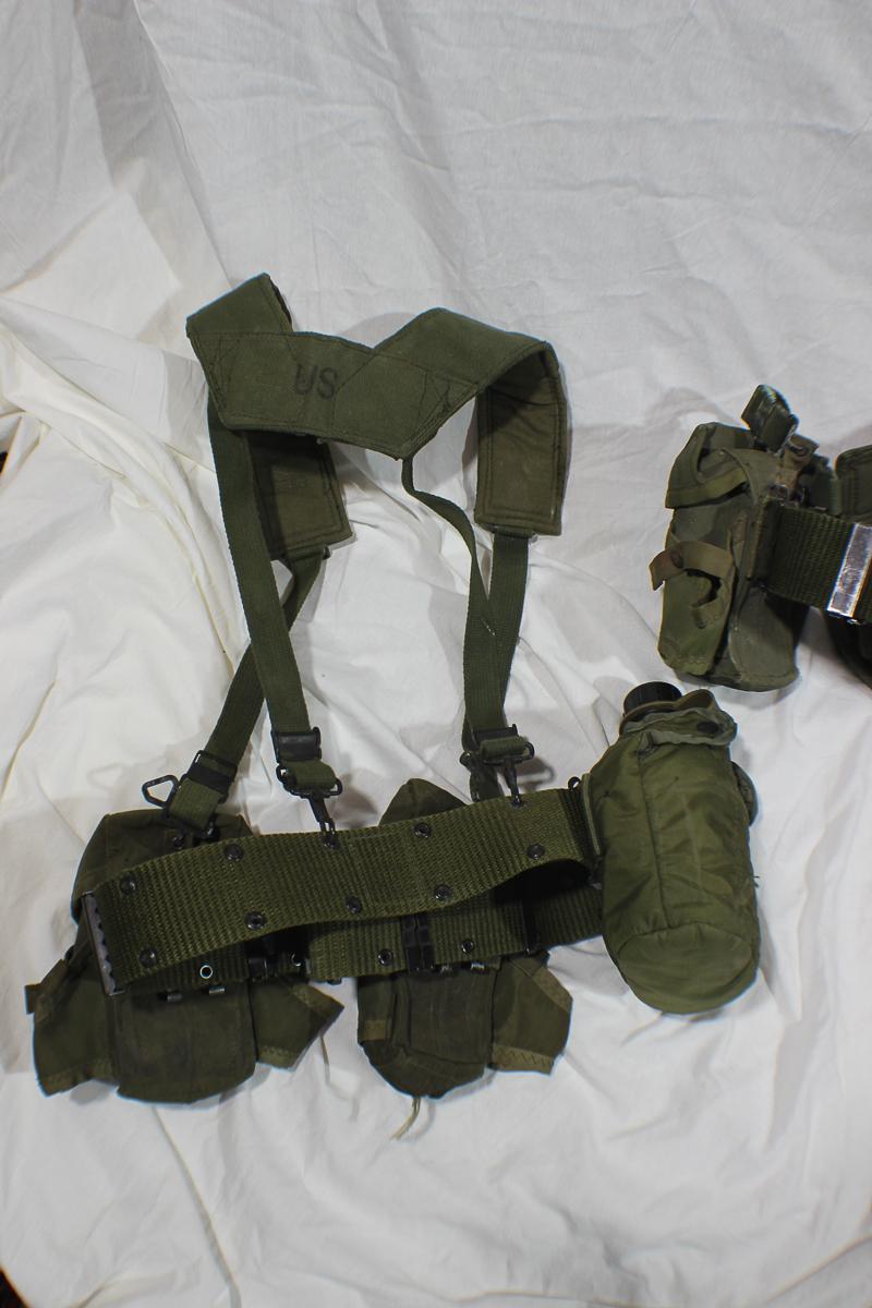 Lot of 3 US Vietnam Era Rifleman's Belts W/ Suspenders & Various Kit.