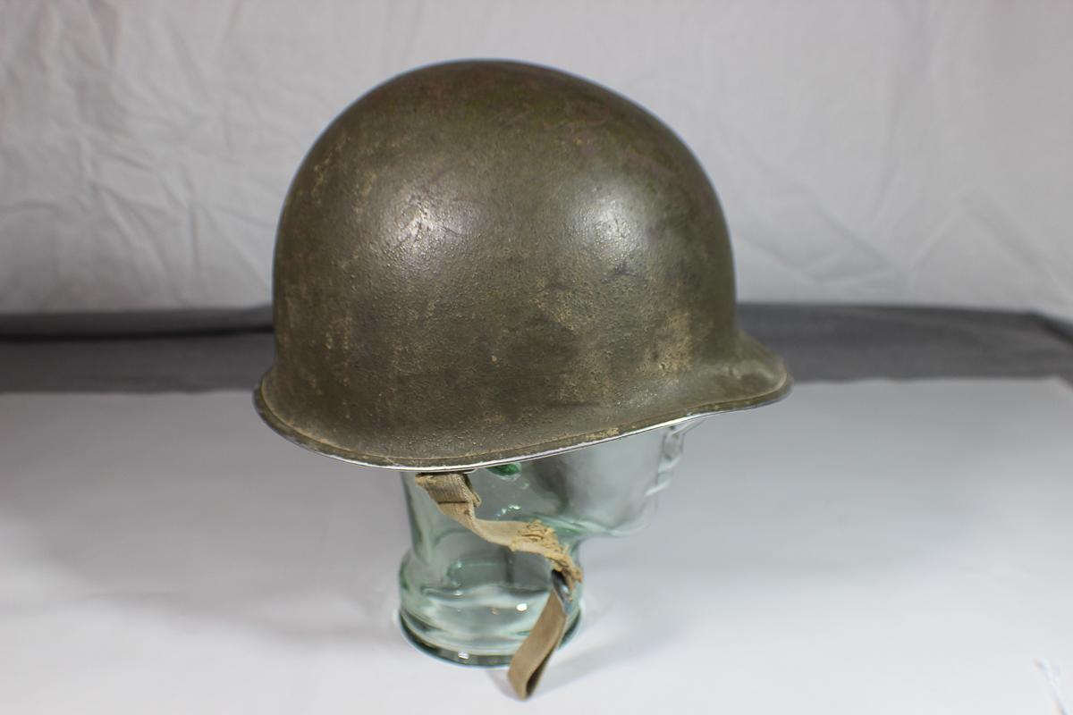 US WW2 Front Seam Fixed Bale M1 Helmet W/ Liner. Some Damage.