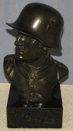 Bronze Finish WW2 German Soldier Bust Sculpture With Marble Base.