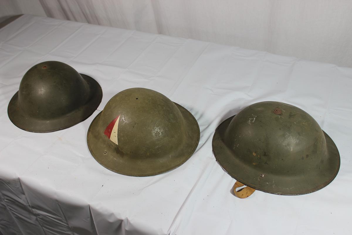 Lot of 3 Unknown WW2 Style British Helmets. 1 Painted. Unusual Liners