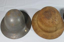 Lot of 3 WW2 British Civil Defense Zuckerman Helmets & 1 US Civil Defense Helmet