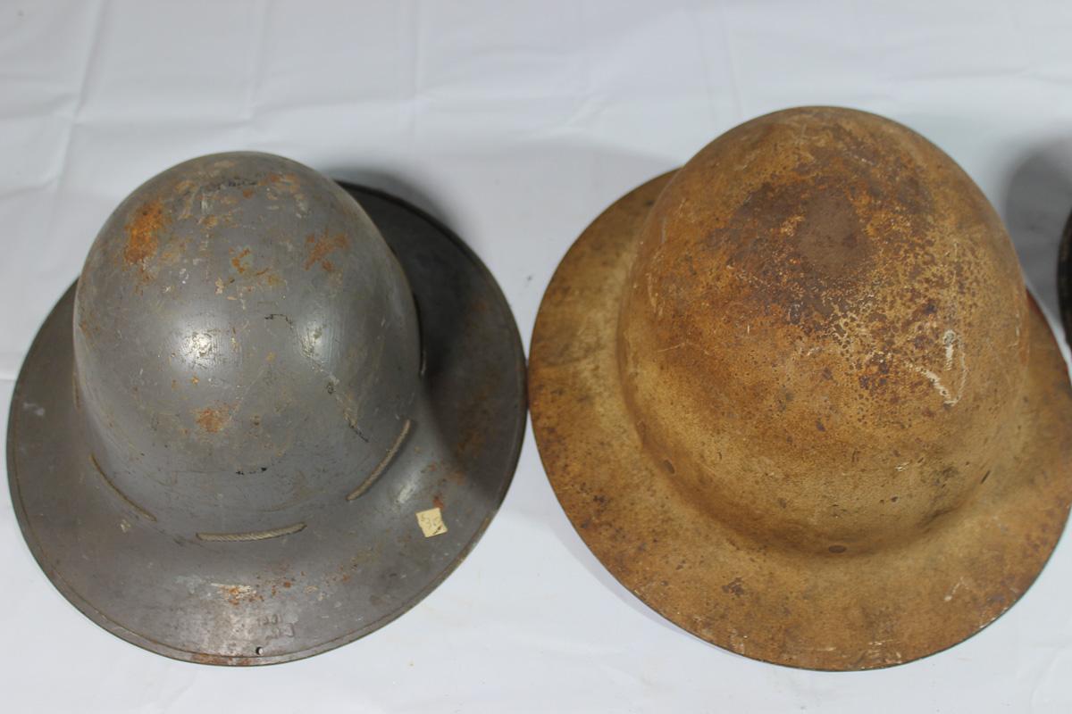 Lot of 3 WW2 British Civil Defense Zuckerman Helmets & 1 US Civil Defense Helmet