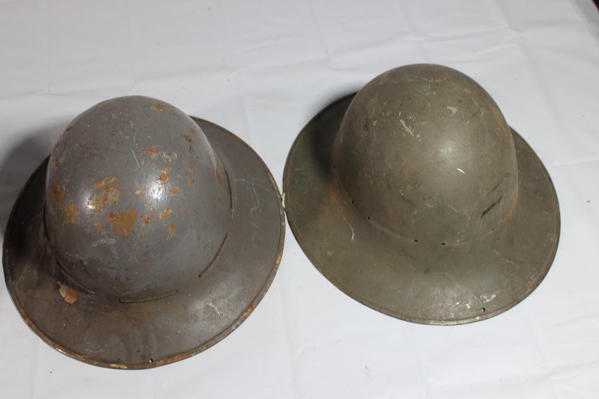 Lot of 3 WW2 British Civil Defense Zuckerman Helmets & 1 US Civil Defense Helmet