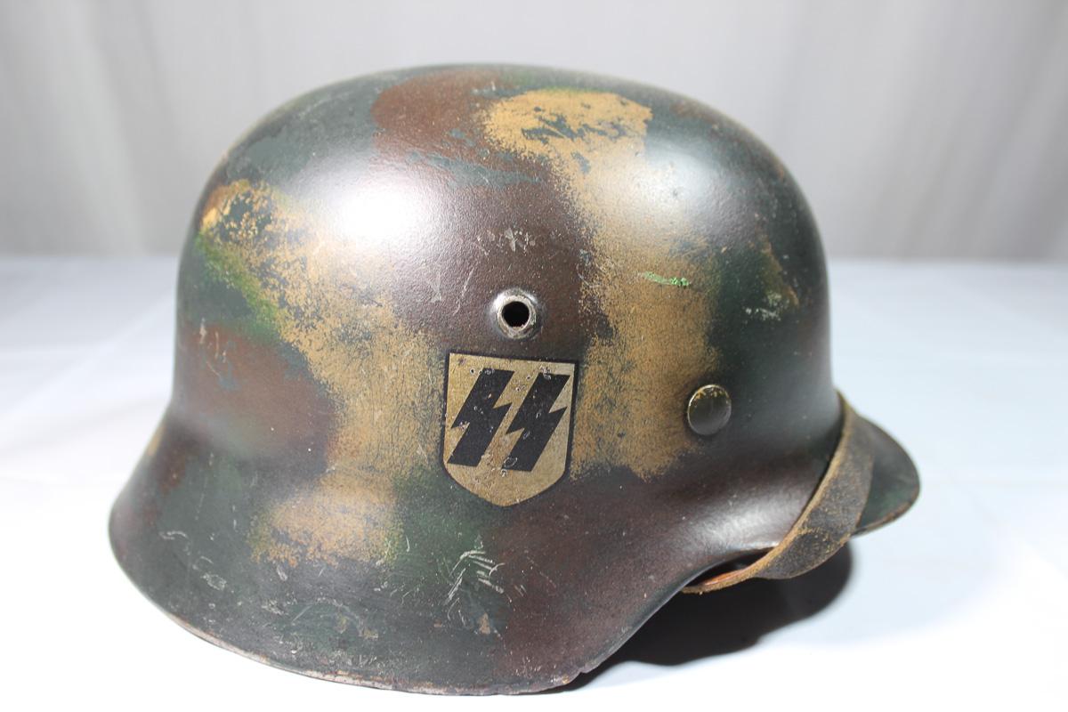 WW2 German Double Decal M35 SS Normandy Camo Helmet.  Reenactor Piece.