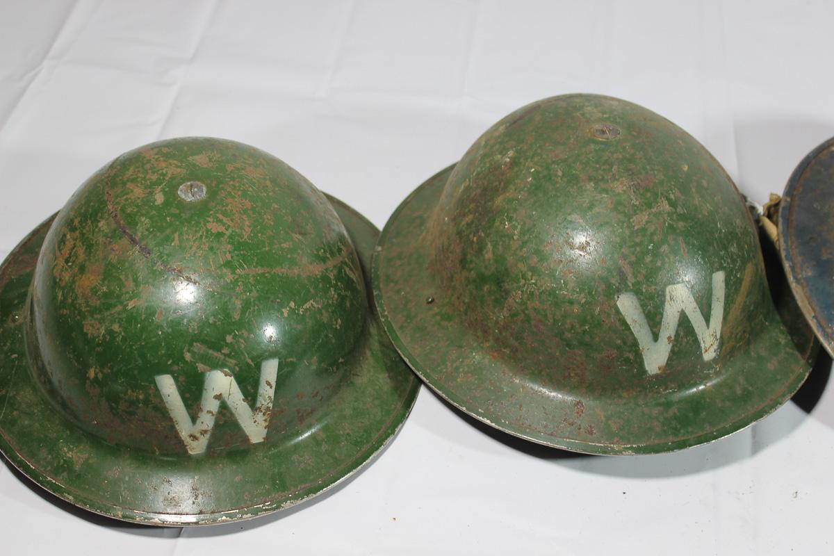 4 WW2 British Home Front Helmet's 2 W Warden & 2 Unknown R Marked Helmets.