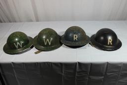 4 WW2 British Home Front Helmet's 2 W Warden & 2 Unknown R Marked Helmets.