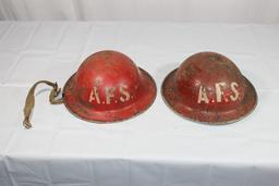 2 WW2 British AFS Auxiliary Fire Service Red Helmets