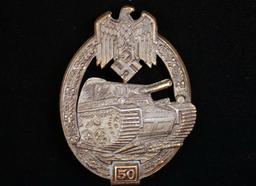 Original "50" Panzer Assault Badge In Bronze-G.B. With Rare Issue Packet