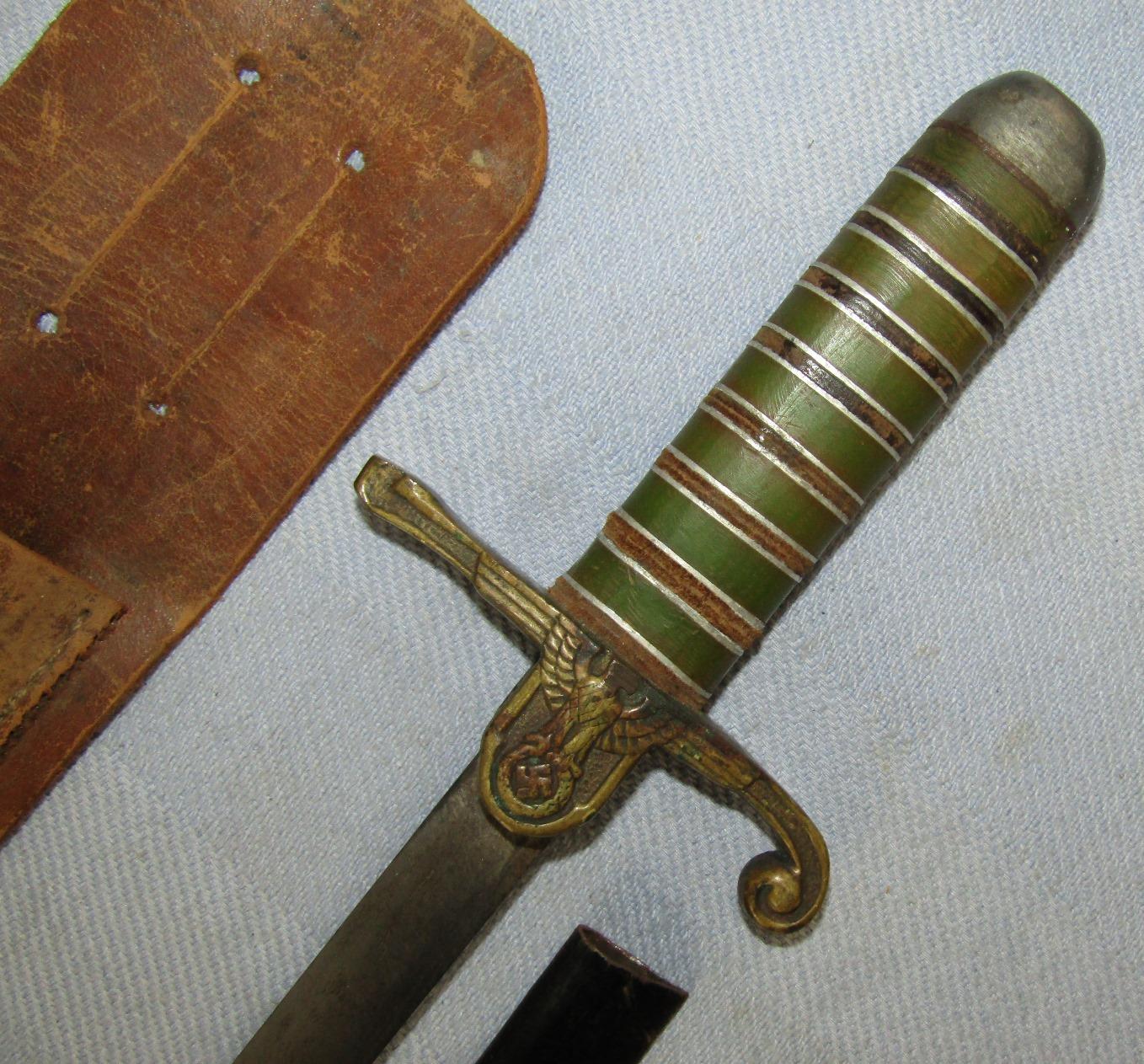 Unique WW2 Period German Officer's Trench Art Sword/Fighting Knife W/Leather Scabbard