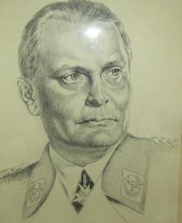 Early WW2 Period Pencil/Ink Pen Portrait Drawing-Hermann Goring-Artist Signed-Framed