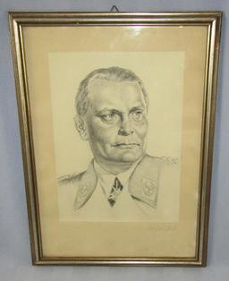 Early WW2 Period Pencil/Ink Pen Portrait Drawing-Hermann Goring-Artist Signed-Framed