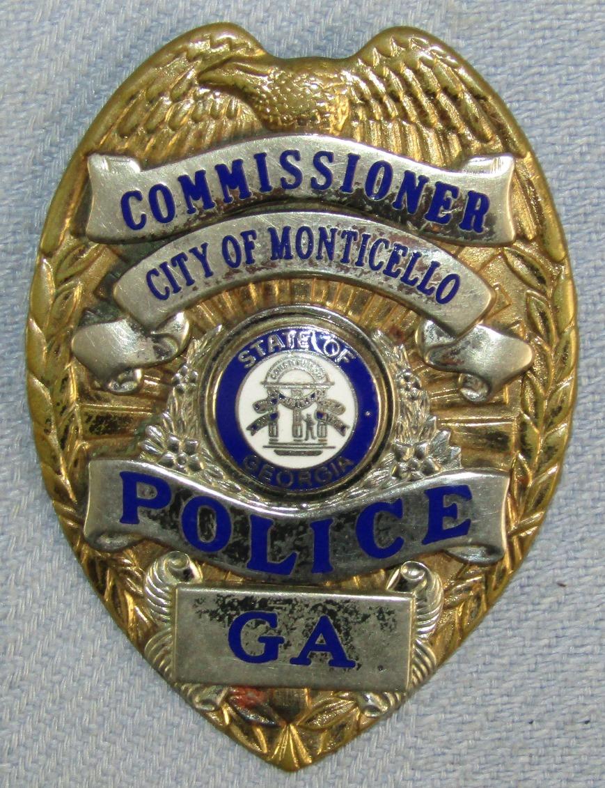 Scarce & Obsolete Vintage Monticello, Georgia Police Commissioner's  badge W/Wallet Clip