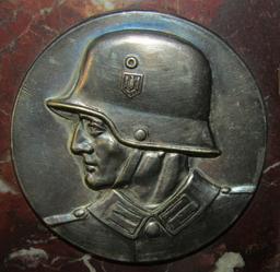 WW2 German Soldier Metal Desk Plaque On Thick Brown Swirl Italian Marble