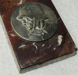 WW2 German Soldier Metal Desk Plaque On Thick Brown Swirl Italian Marble