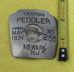 Extremely Rare "NEWARK, N.J. LICENSED PEDDLER" Badge-No. 256-Expires May 1934