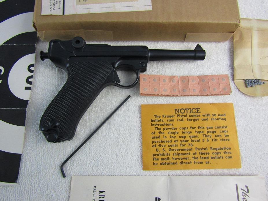 1950's Molded Plastic Luger Cap/BB Pistol With Original Mailing Box & Accessories By KRUGER CORP.