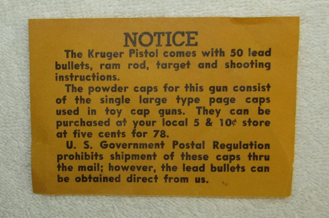 1950's Molded Plastic Luger Cap/BB Pistol With Original Mailing Box & Accessories By KRUGER CORP.