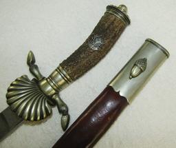 Early WW2 Deutsche Jägerschaft Hirschfanger/Cutlass W/Clamshell Guard-Engraved Blade-CLEMEN & JUNG