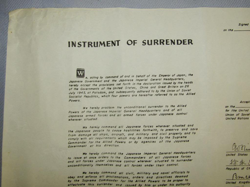 Rare Velum Copy Of  "The Japanese Instrument Of Surrender"  W/Official  U.S. Eagle/Shield Water Mark