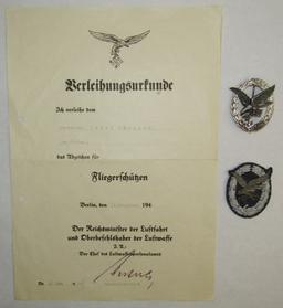 Luftwaffe Air Gunner/Radio Operator Badges With Named Award Document-Early BN&L Maker