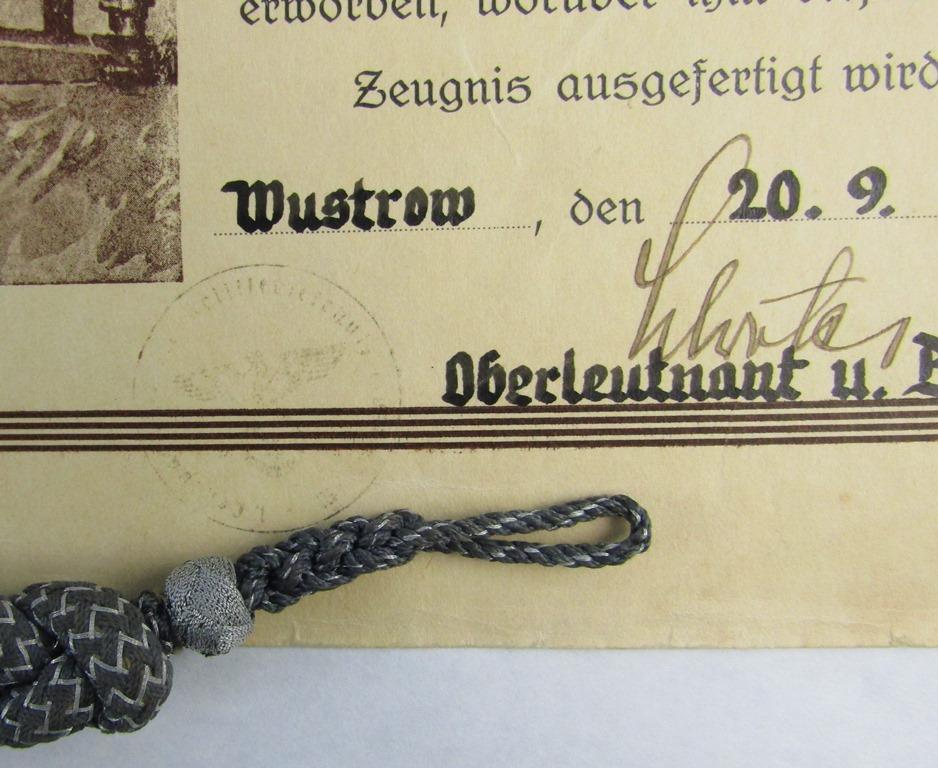 Grade I Luftwaffe Marksman Lanyard With Named Award Document-Flak Artillery Soldier