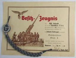 Grade I Luftwaffe Marksman Lanyard With Named Award Document-Flak Artillery Soldier