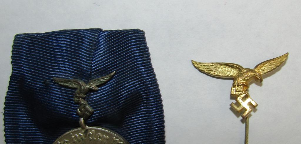 3pcs-Early Droop Tail Luftwaffe 4yr Service Medal/Stickpin/Bevo Embroidered EM Breast Eagle