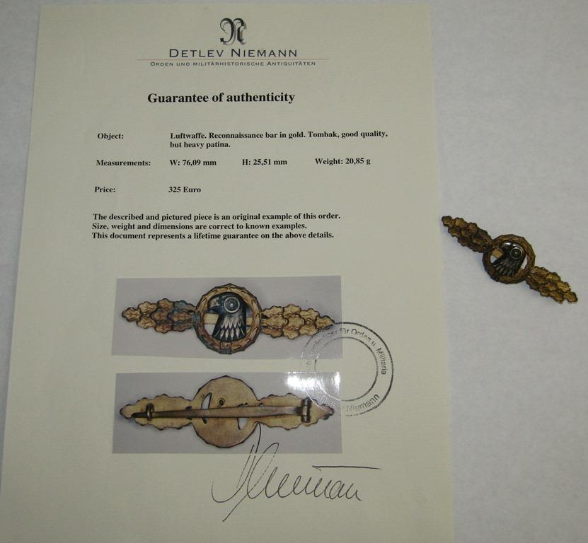 Luftwaffe Reconnaissance Pilot Clasp In Gold-Detlev Niemann COA