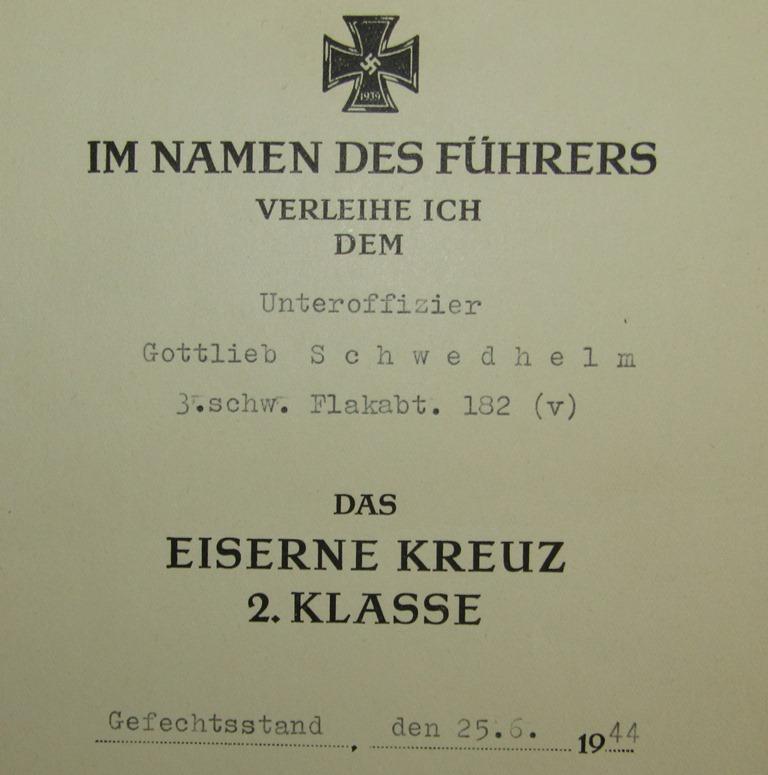 Iron Cross 2nd Class With Award Document Dated/Named To Flak Unteroffizier