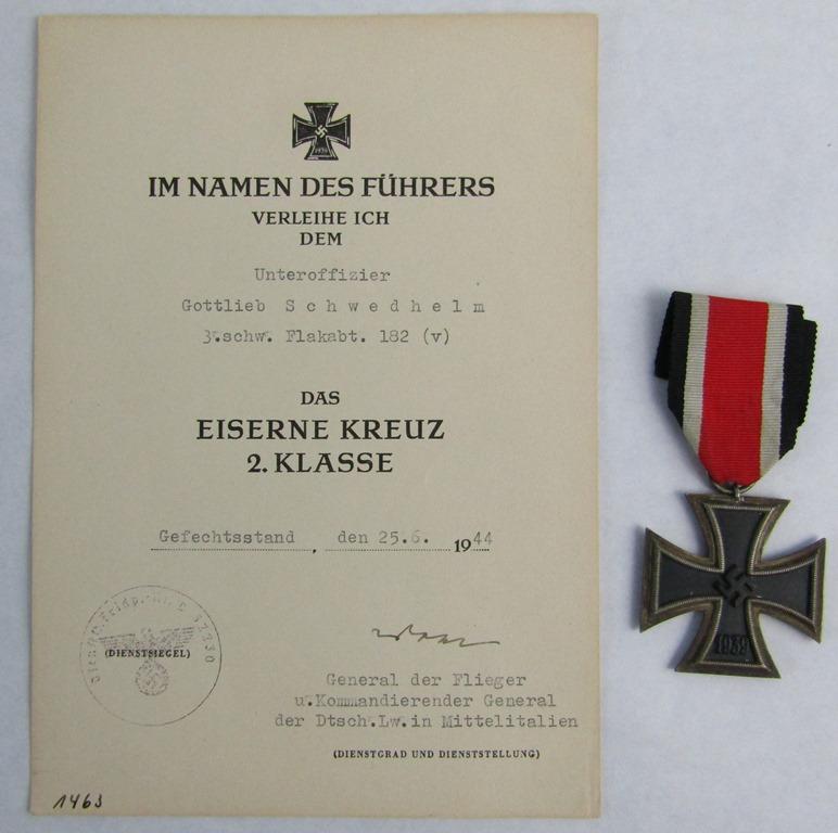 Iron Cross 2nd Class With Award Document Dated/Named To Flak Unteroffizier