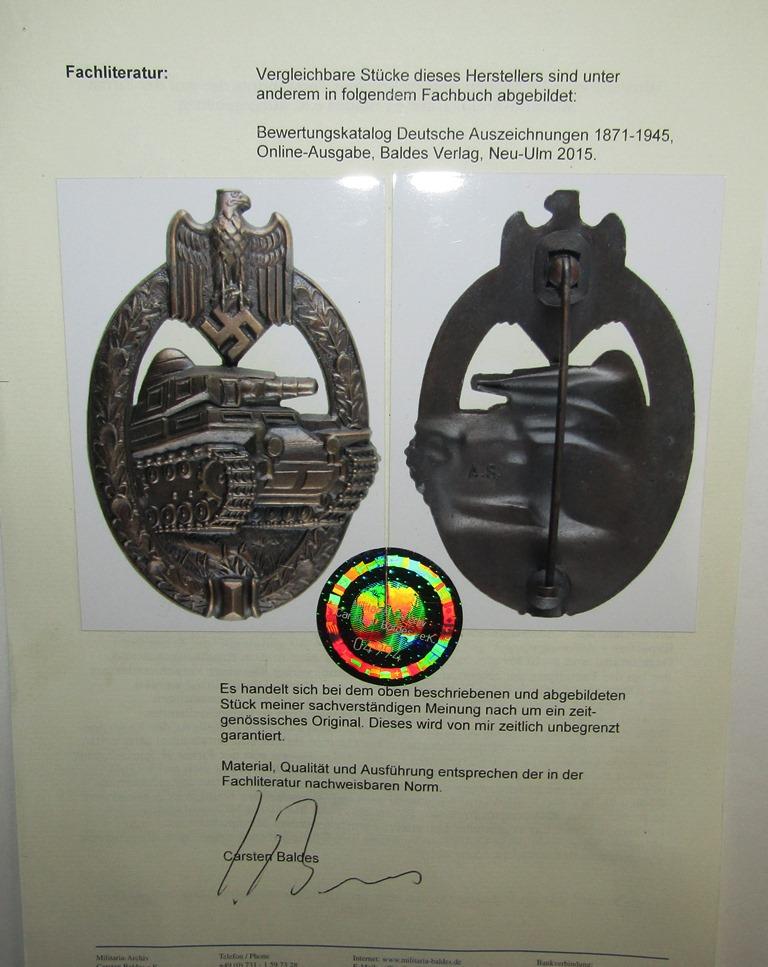 Panzer Assault Badge In Bronze-Maker Marked "A.S." With COA