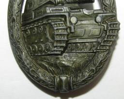 Panzer Assault Badge In Bronze-Maker Marked W/Stylized "A" Hermann Aurich