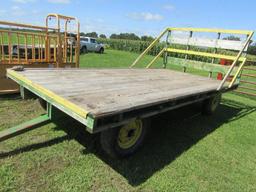 8 X 16 FT. Wooden Flat Rack on Factory Four Wheel Wagon, Spare Tire & Wheel