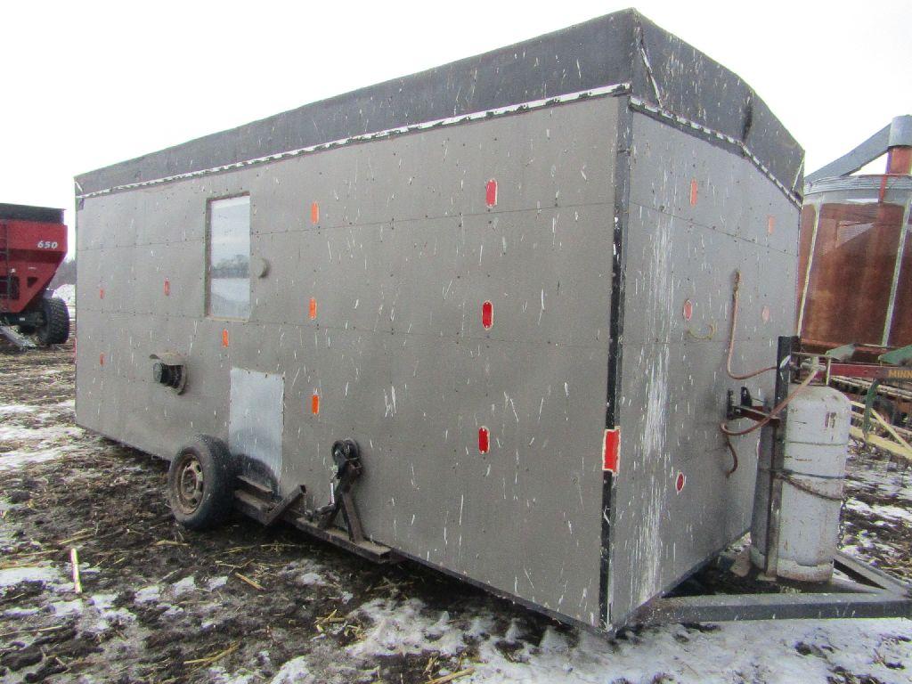 Shop built 8 FT X 20 FT Insulated Fish House, Crank Down Frame on Transport