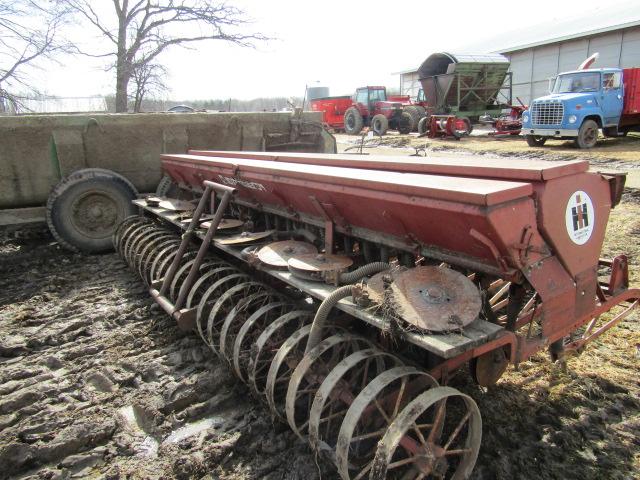 743. IH 14 FT. Press Drill, Grass Seeder, Few Packer Wheels Damaged