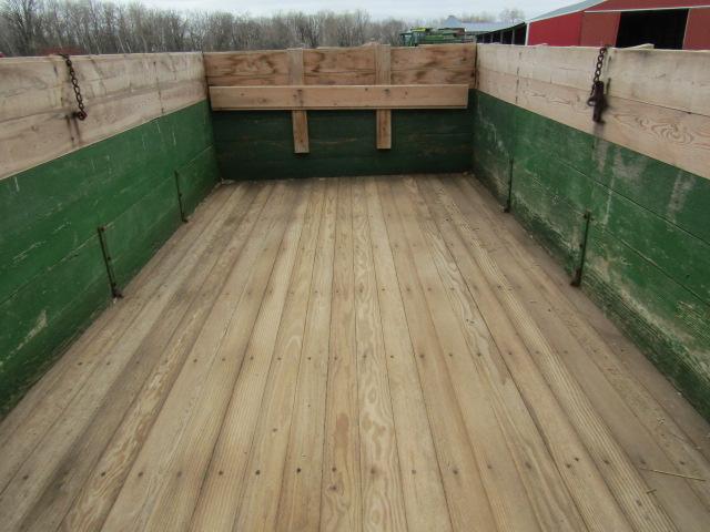 111. 6 FT. X 11 FT.  Wooden Barge Box with Grain End-Gate on 4 Wheel Wagon