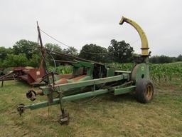 906. John Deere Model 3800 Forage Harvester,  with JD Green Two Row Wide Co