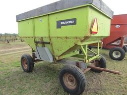 1648. Parker Approx. 150 Bushel Gravity Box on Harms Four Wheel Wagon