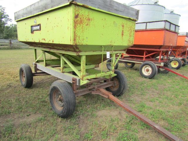 1648. Parker Approx. 150 Bushel Gravity Box on Harms Four Wheel Wagon