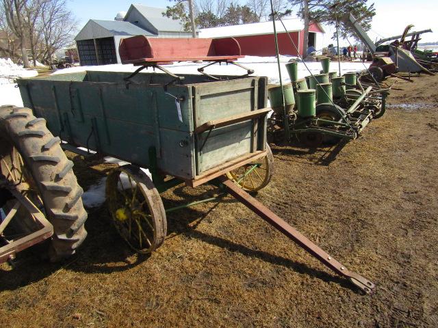 489. Wooden Double Box with Spring Seat on John Deere Steel Wheel Wagon